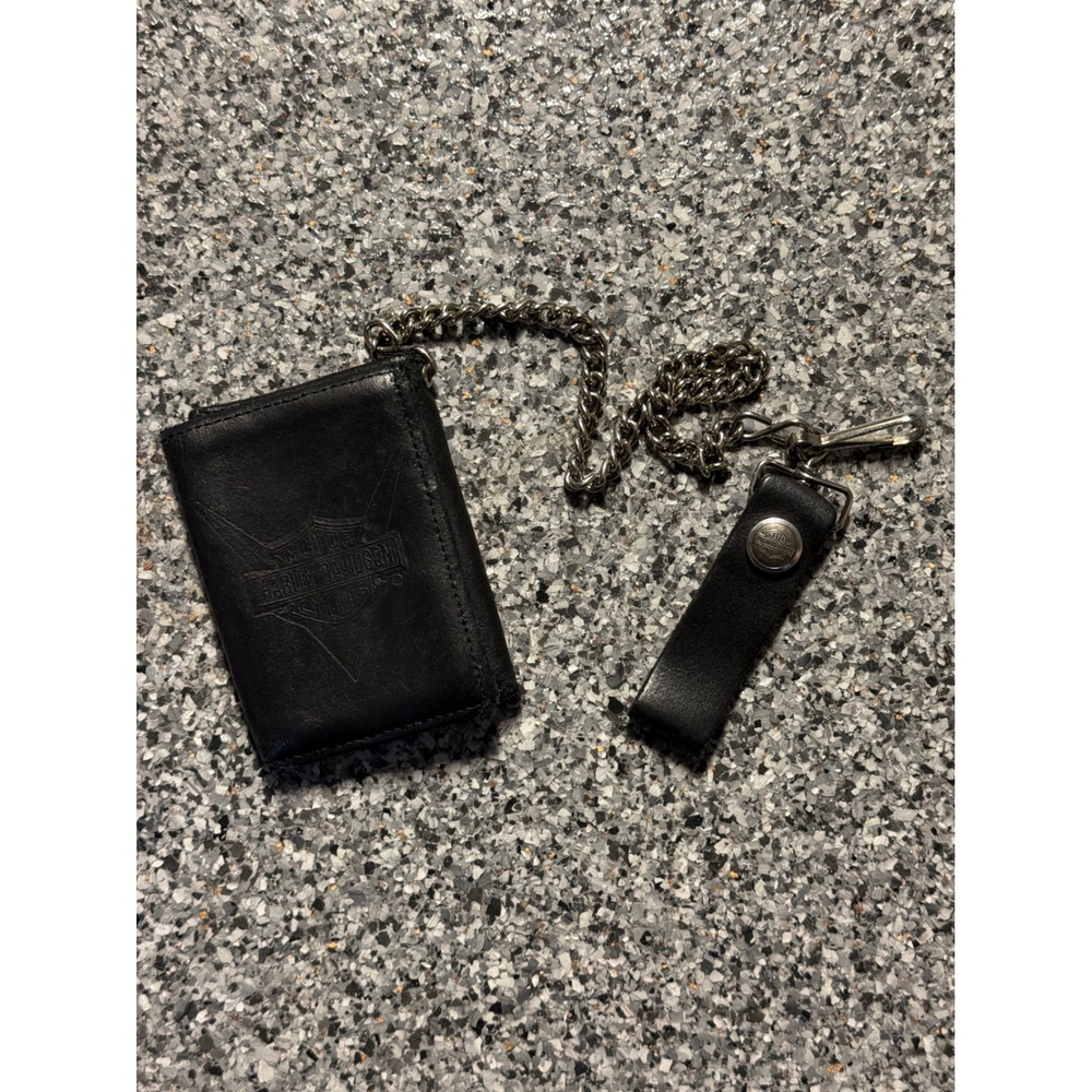 Vintage Harley Davidson Black Leather Trifold Biker Chain Wallet USA 97484-00V